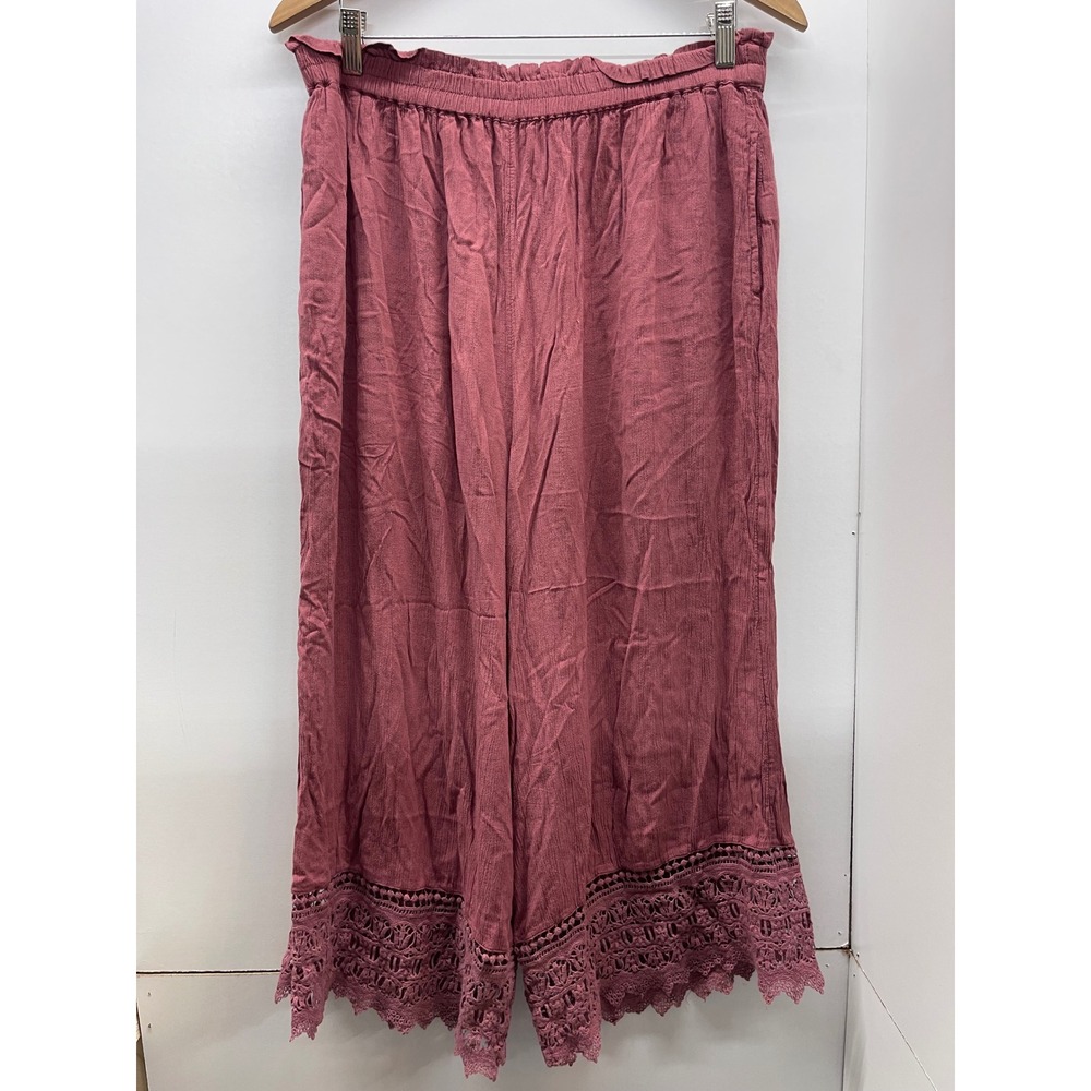American Eagle Mauve Rose Crochet Lace Trim Wide Leg Pants XL Boho Culottes
